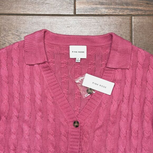 Pink Womens Cropped Cable Knit Cardigan Button-Up Barbiecore Rose Sz M NWT - Picture 2 of 7